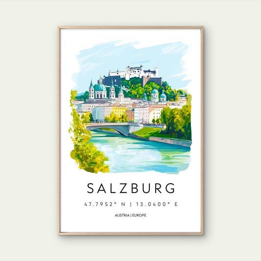 Salzburg Austria Watercolor Decor Travel Poster Print Wall Art