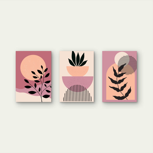 3pcs Abstract Pastel Dusty Rose Plant Silhouette Wall Art Set Canvas Framed 50x70cm - High Quality Print 100% Australian Made Wall Canvas Ready to Hang