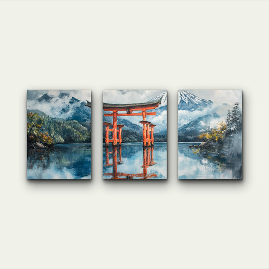 3pcs Red Torii Gate Reflection On Water Wall Art Set Canvas Framed 40x60cm - High Quality Print 100% Australian Made Wall Canvas Ready to Hang - Bella Home Decor