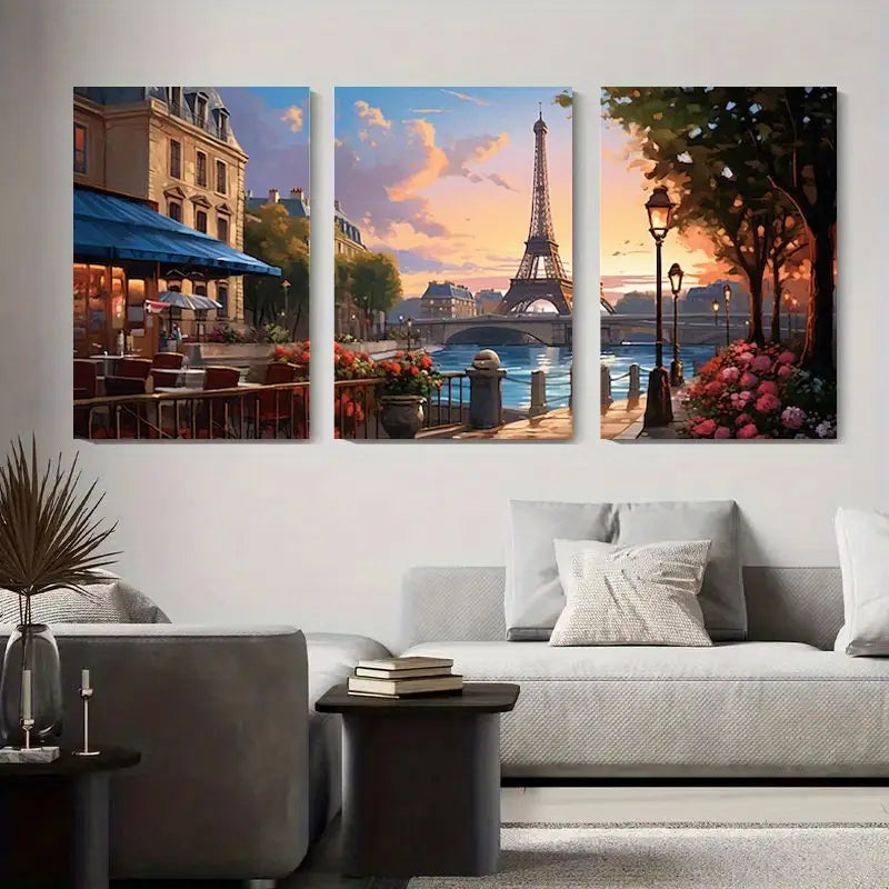 3pcs Parisian Riverbank & Eiffel Tower Metal Print Ready to Hang Art