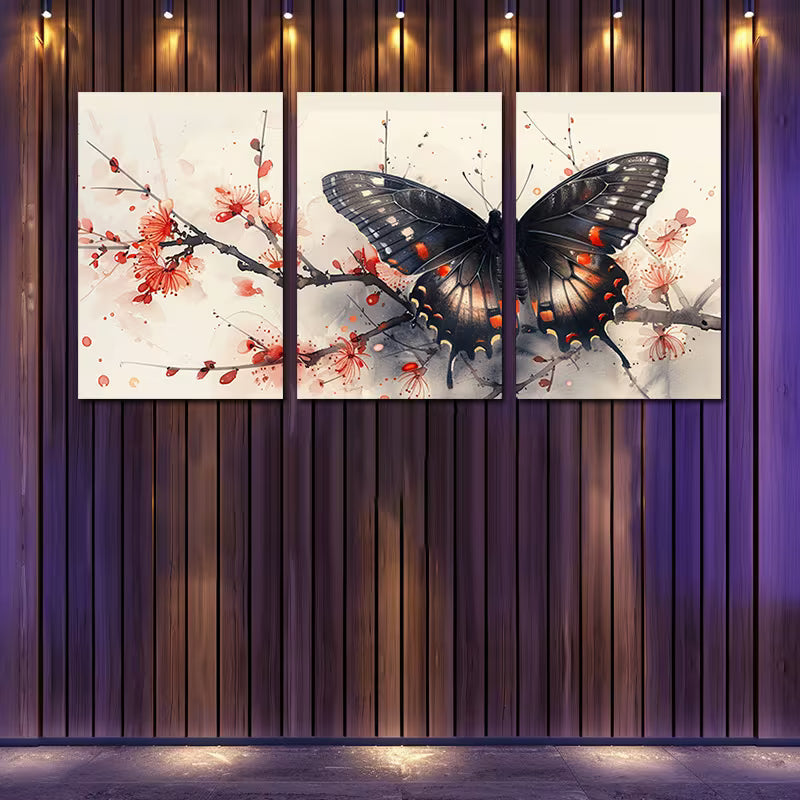 3pcs Butterfly with Red Florals Branch Wall Art Set Canvas Framed 50x70cm - High Quality Print 100% Australian Made Wall Canvas Ready to Hang - Bella Home Decor