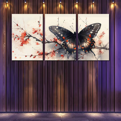 3pcs Butterfly with Red Florals Branch Wall Art Set Canvas Framed 40x60cm - High Quality Print 100% Australian Made Wall Canvas Ready to Hang - Bella Home Decor