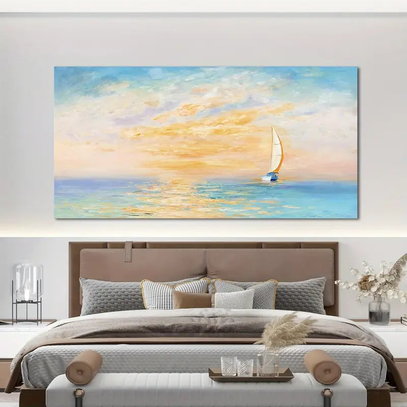 Coastal Beach Blue Sky Sunset Wall Art canvas office home room framed 120x60cm - Bella Home Decor