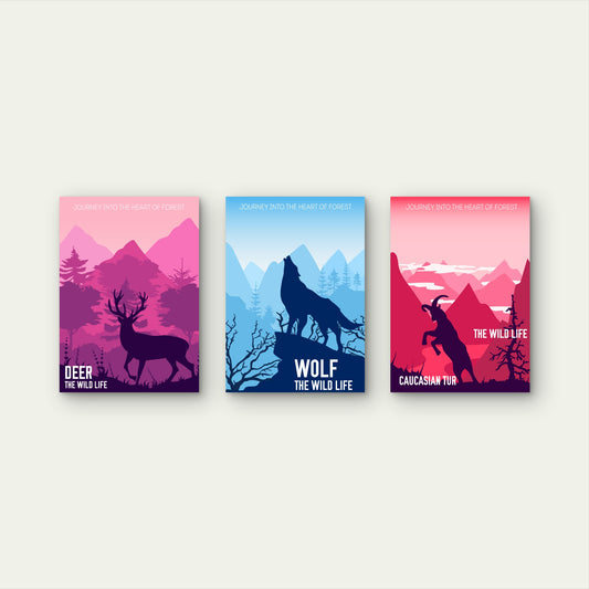 3pcs Deer Wolf Caucasian Tur Wild Animal   Wall Art Set Canvas Framed 50x70cm - High Quality Print 100% Australian Made Wall Canvas Ready to Hang