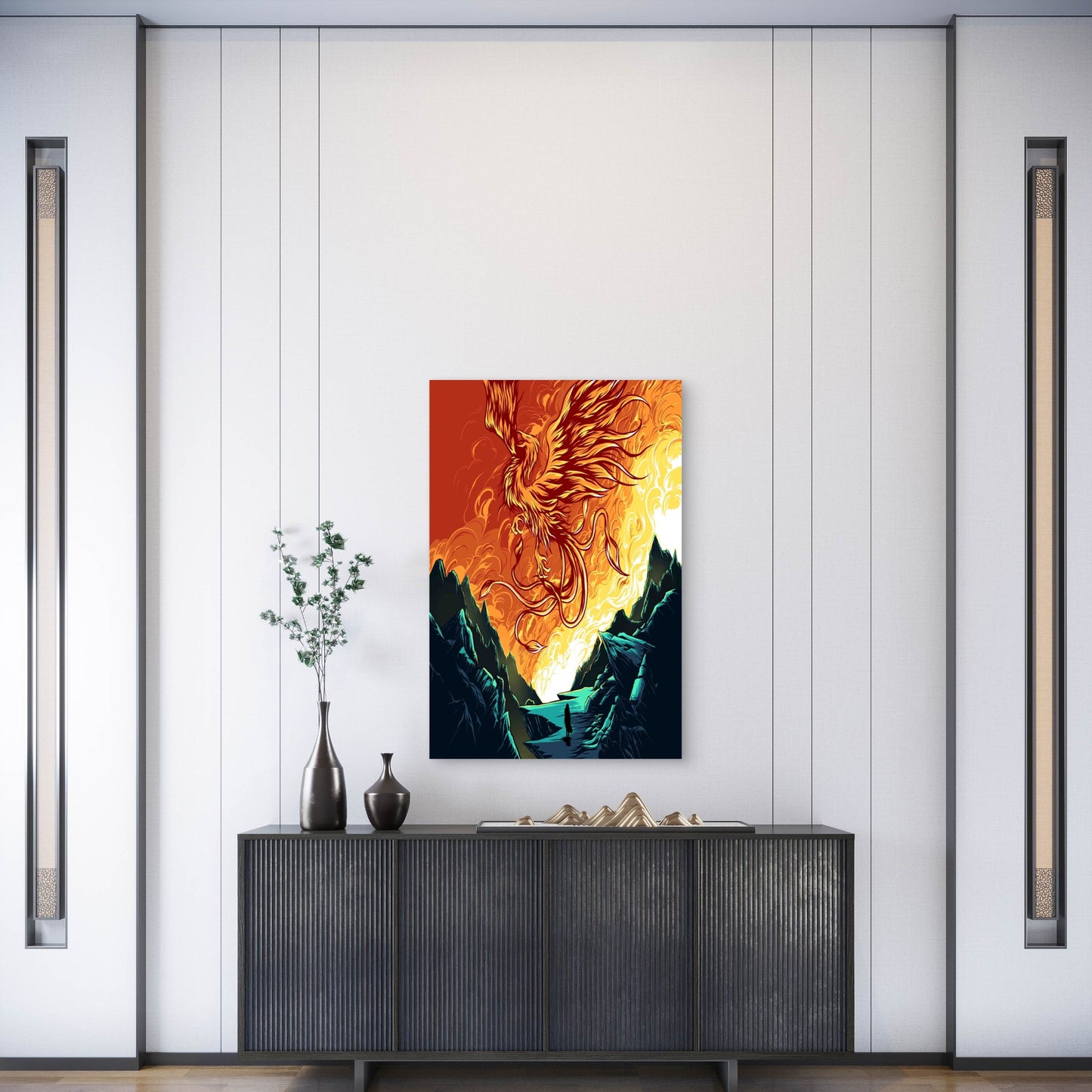 Fiery Phoenix Rising Above Lava River Metal Print Ready to Hang