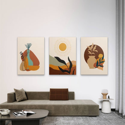 3pcs Modern Terracotta Boho Botanical Sun Wall Art Set Canvas Framed 40x60cm - High Quality Print 100% Australian Made Wall Canvas Ready to Hang - Bella Home Decor