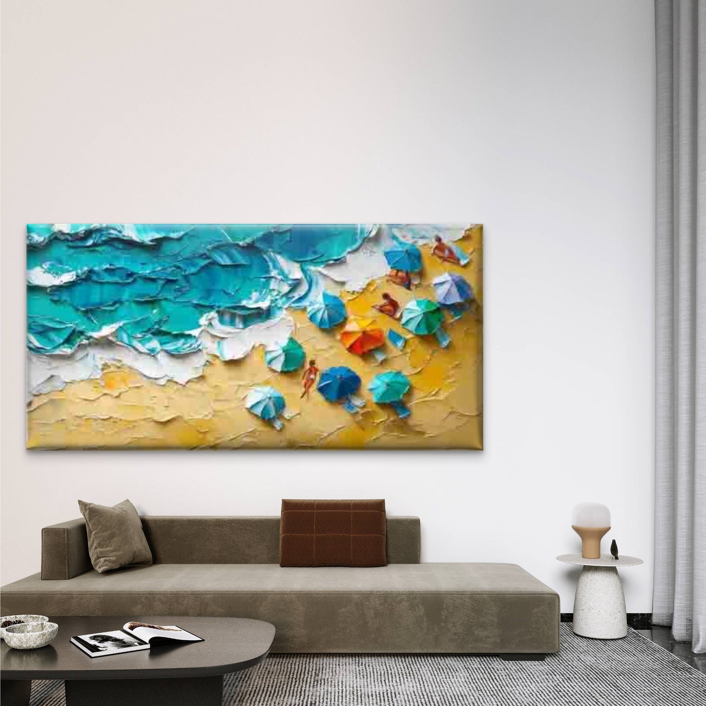 Umbrellas And Ocean Waves Wall Art Canvas Office Home Room Framed 120x60cm