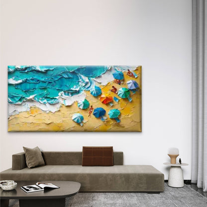 Umbrellas And Ocean Waves Wall Art Canvas Office Home Room Framed 120x60cm