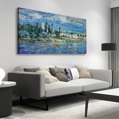 Serene River & Cityscape Scene Wall Art canvas office home room framed 120x60cm - Bella Home Decor