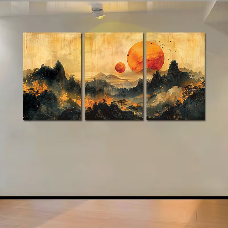 3pcs  Sunset Landscape with Moon and Mountains Wall Art Set Canvas Framed 40x60cm - High Quality Print 100% Australian Made Wall Canvas Ready to Hang - Bella Home Decor