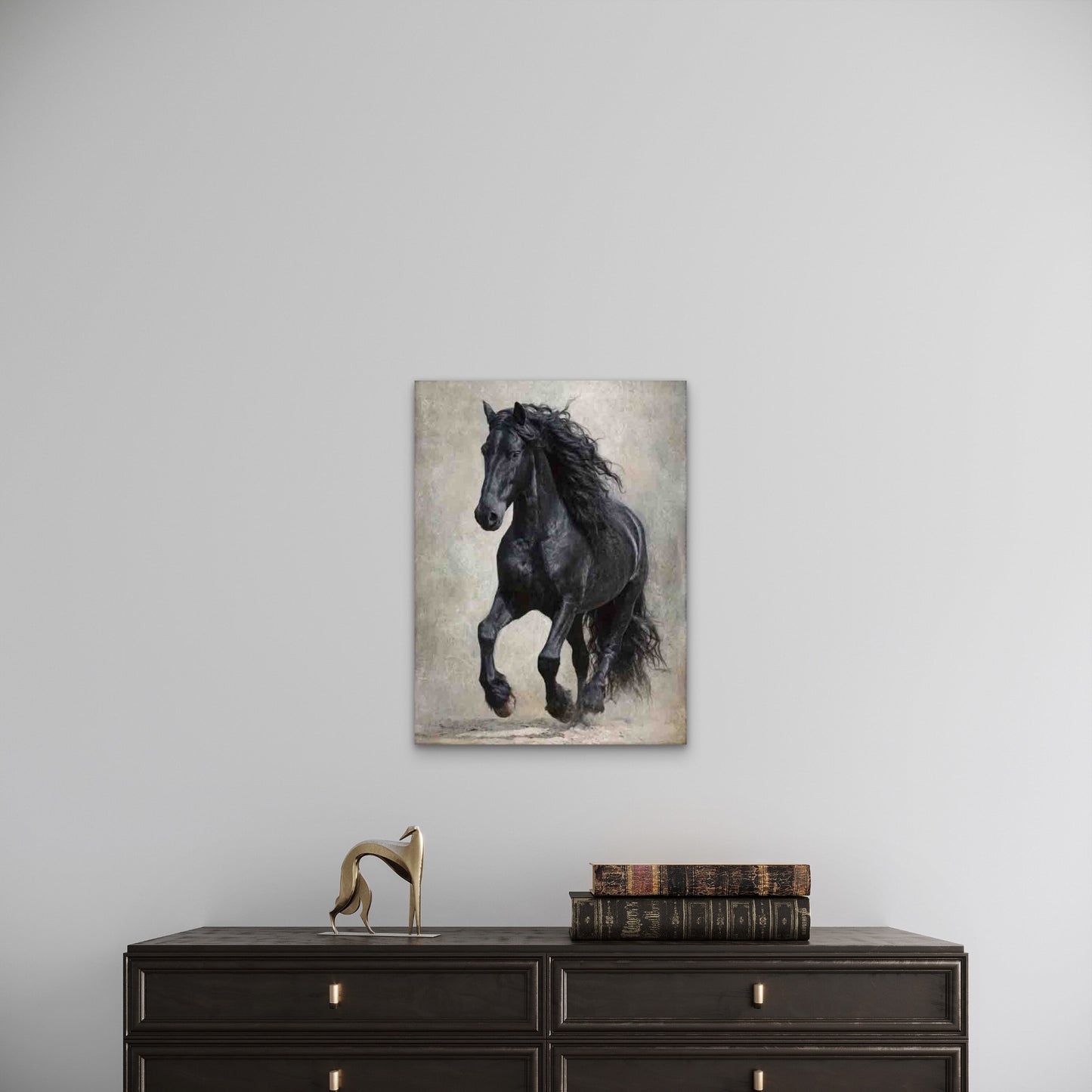 Manga-Style Galloping Friesian Horse 60x90cm Metal Print Ready to Hang
