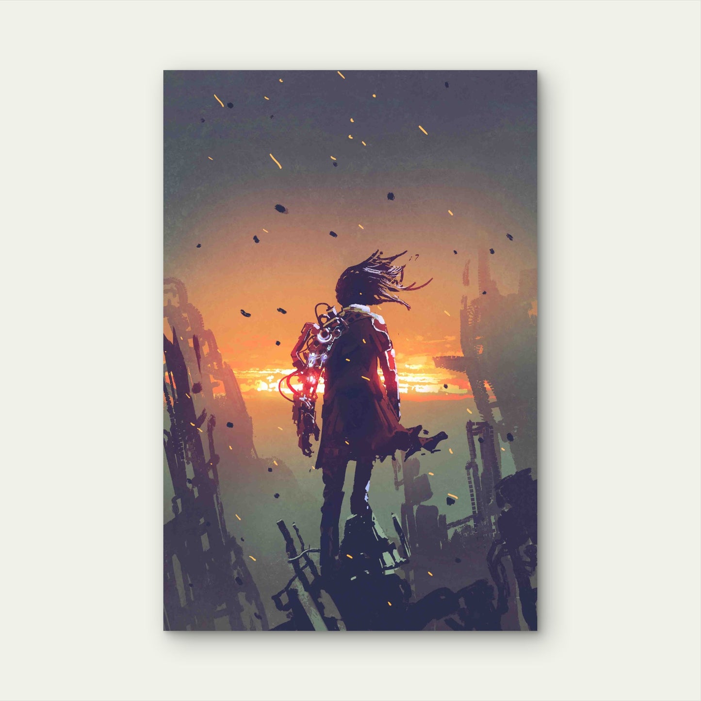 Man With Robotic Arm Standing On Ruined Buildings 60x90cm Metal Print Ready to Hang
