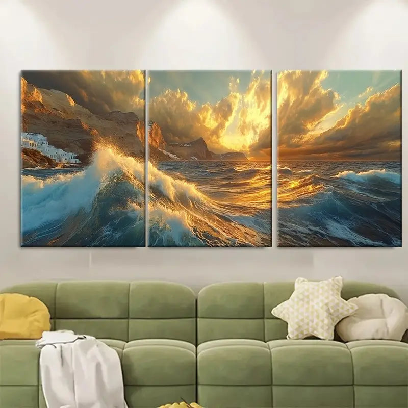 3pcs Santorini Aegean Sea Storm Wall Art Set Canvas Framed 50x70cm - High Quality Print 100% Australian Made Wall Canvas Ready to Hang