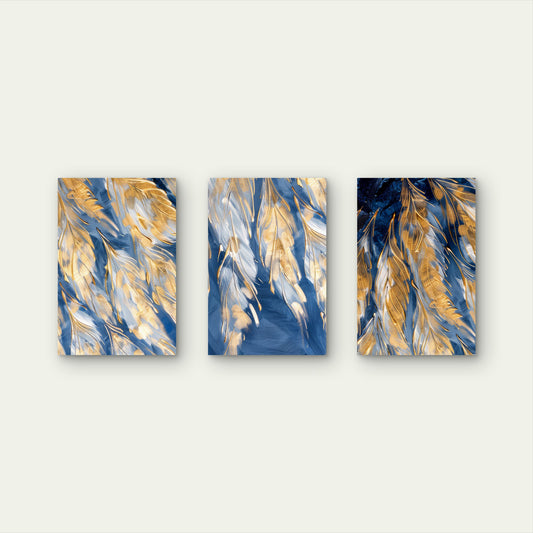3pcs Navy Blue Gold Feather Pattern Print Wall Art Set Canvas Framed 60x90cm - High Quality Print 100% Australian Made Wall Canvas Ready to Hang