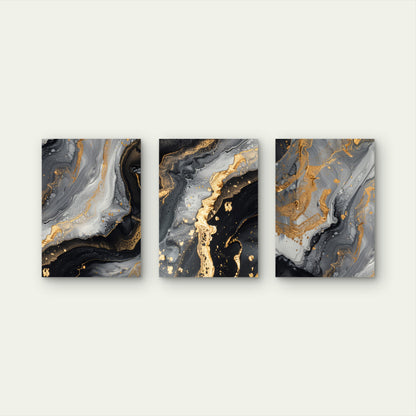 3pcs Abstract Black Grey Gold Marble Fluid Wall Art Set Canvas Framed 60x90cm - High Quality Print 100% Australian Made Wall Canvas Ready to Hang