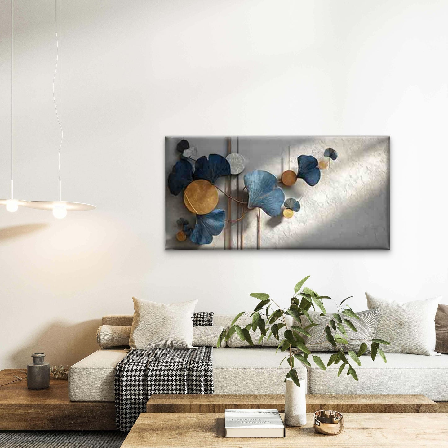 Blue Ginkgo with Golden Circles Wall Art Canvas Office Home Room Framed 120x60cm - Bella Home Decor