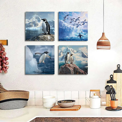 4pcs Penguin Jump Wall Art Canvas Framed