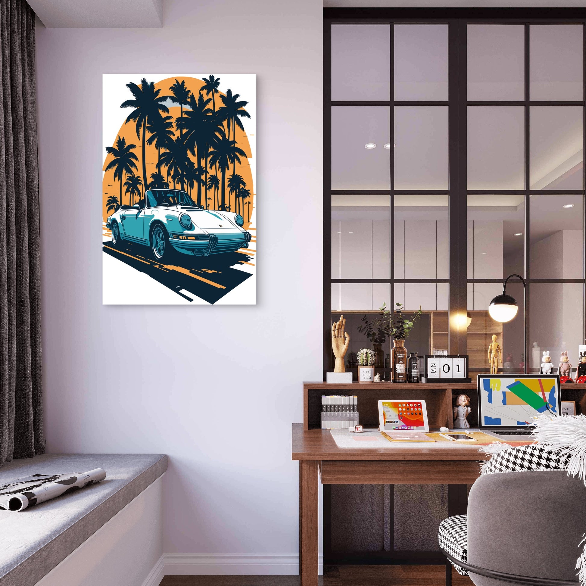 Retro Sports Car Palm Tree Sunset Drive 40x60cm Metal Print Ready to Hang