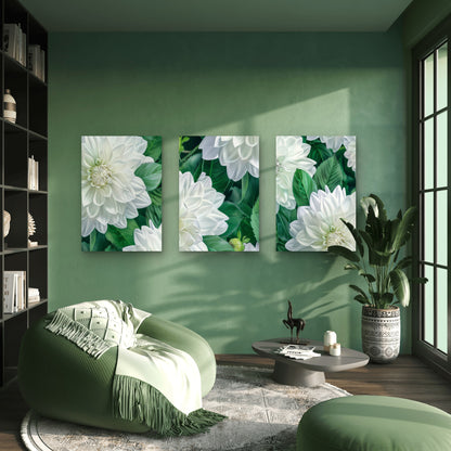 3pcs Elegant Blooming White Flower and Green Leaves  Wall Art Set Canvas Framed 50x70cm - High Quality Print 100% Australian Made Wall Canvas Ready to Hang