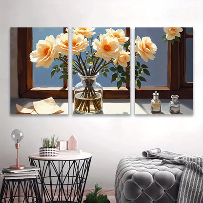 3pcs Floral Vase with White and Peach Roses Wall Art Set Canvas Framed 50x70cm - High Quality Print 100% Australian Made Wall Canvas Ready to Hang