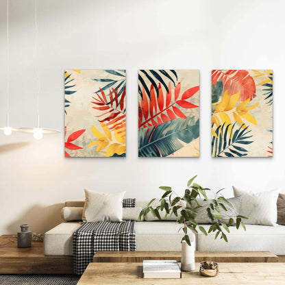 3pcs Tropical Palm Leaves Boho Botanical  Wall Art Set Canvas Framed 60x90cm - High Quality Print 100% Australian Made Wall Canvas Ready to Hang