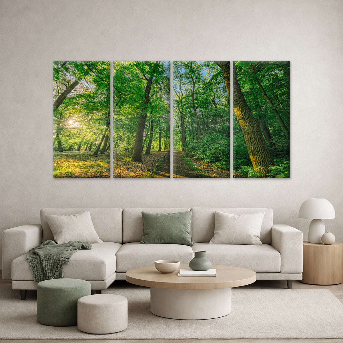 4pcs Green Forest Path Sunlit Tree Foliage Wall Art Canvas Framed 45x80cm - High Quality Print 100% Australian Made Wall Canvas Ready to Hang