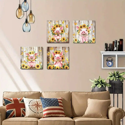 4pcs Funny Farmhouse Pig And Dais Wall Art Canvas Framed