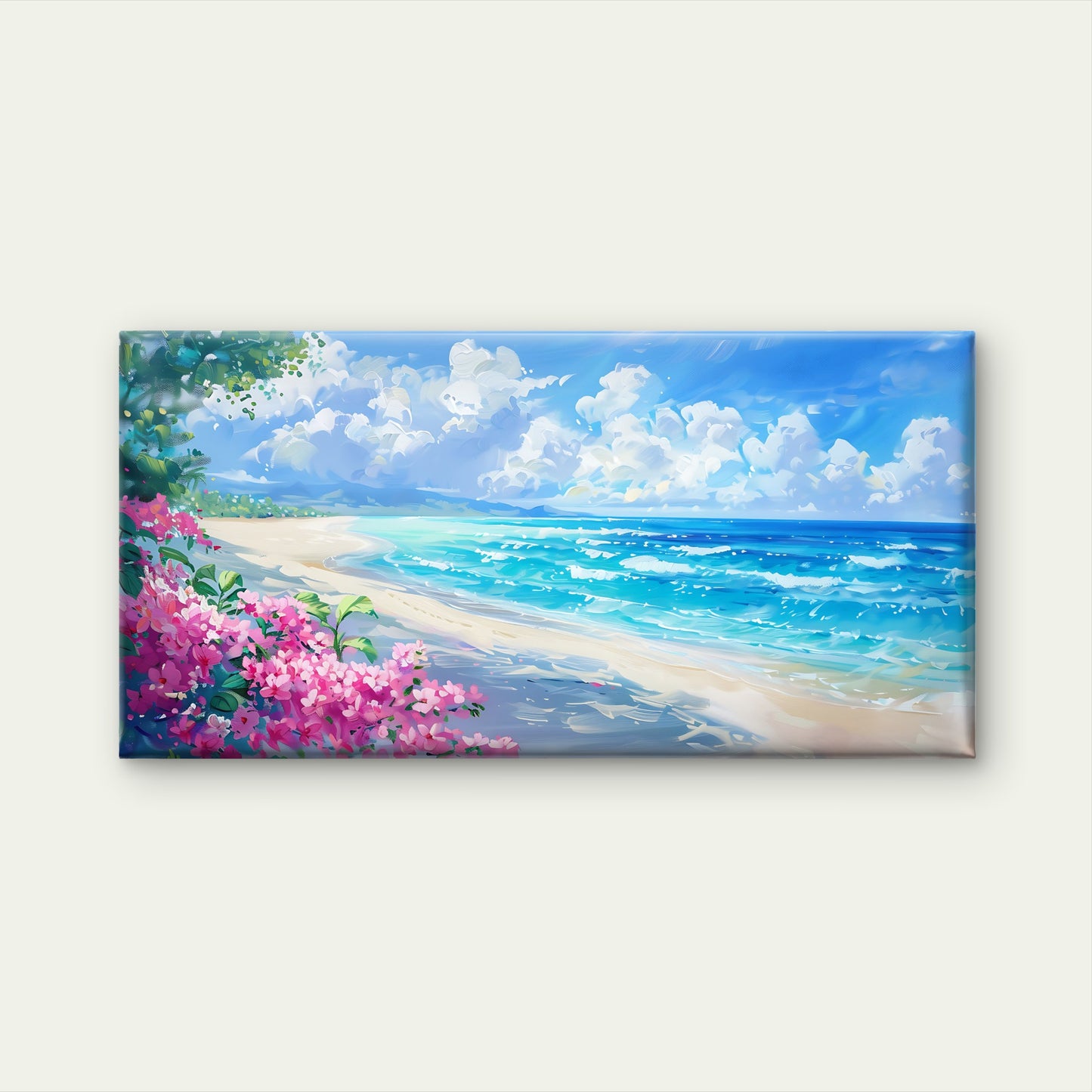 Tropical Beach Pink Flowers Wall Art Canvas Office Home Room Framed 120x60cm