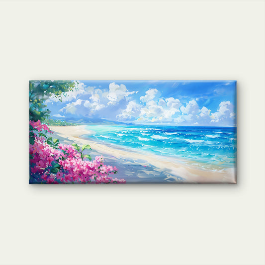 Tropical Beach Pink Flowers Wall Art Canvas Office Home Room Framed 120x60cm