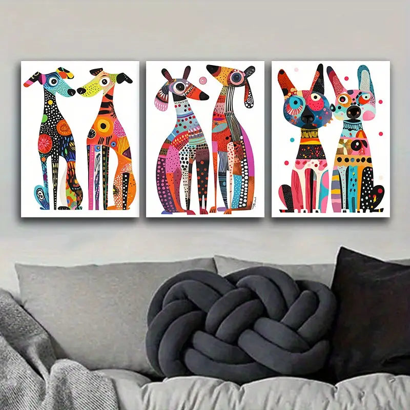 3pcs Surreal Dogs, Art Deco Metal Print Ready to Hang Art