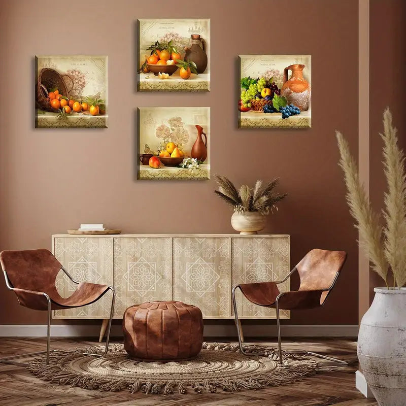 4pcs Vintage Theme Fruit Pictures Farmhouse Wall Art Canvas Framed - Bella Home Decor