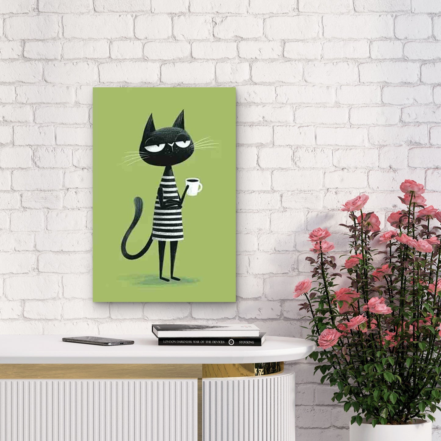 Black & White Skeptical Cat with Coffee 60x90cm Metal Print Ready to Hang - Bella Home Decor