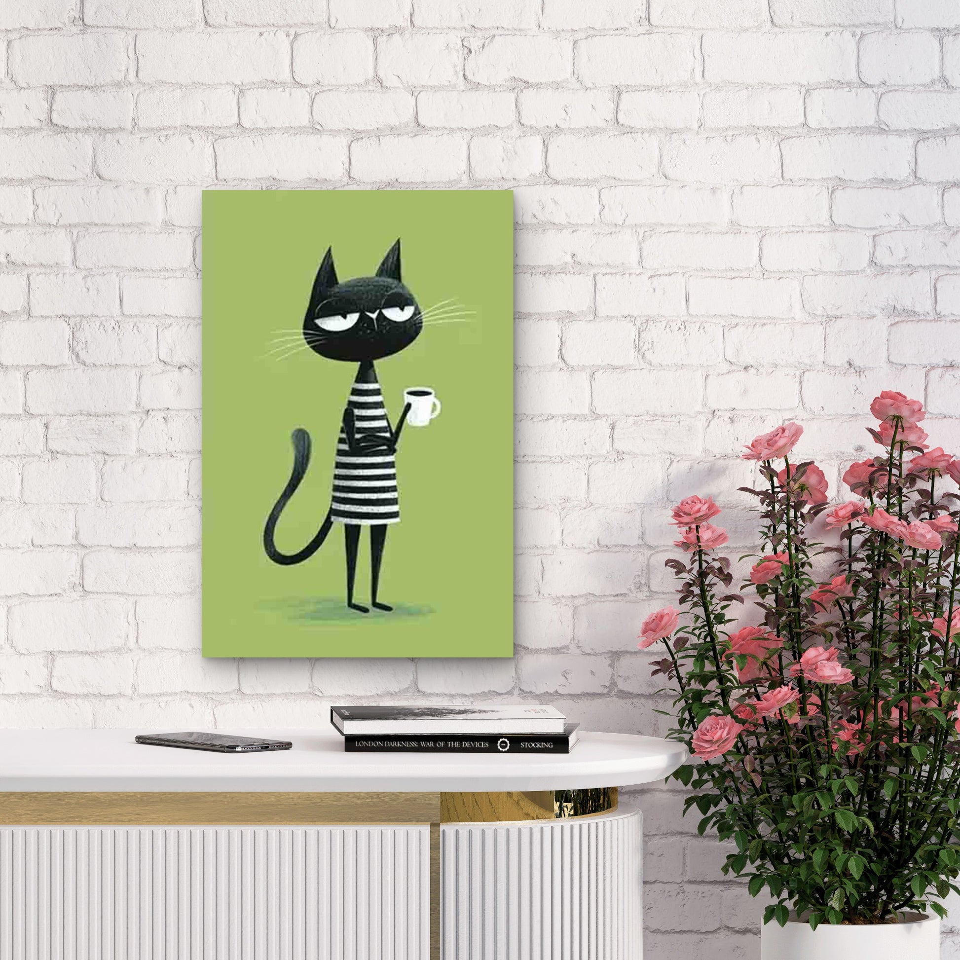 Black & White Skeptical Cat with Coffee 60x90cm Metal Print Ready to Hang - Bella Home Decor