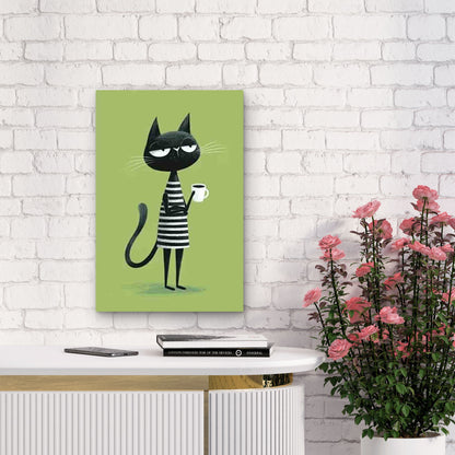 Black & White Skeptical Cat with Coffee 60x90cm Metal Print Ready to Hang - Bella Home Decor