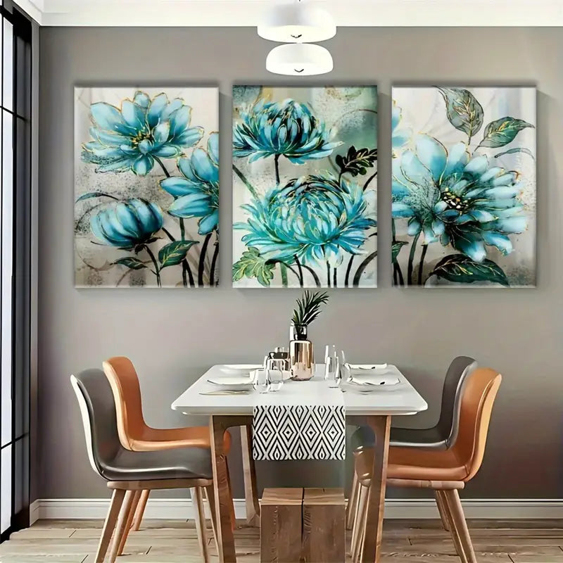 3pcs Blue Floral Canvas Metal Print Ready to Hang Art - Bella Home Decor