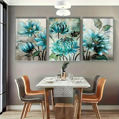 3pcs Blue Floral Canvas Metal Print Ready to Hang Art - Bella Home Decor