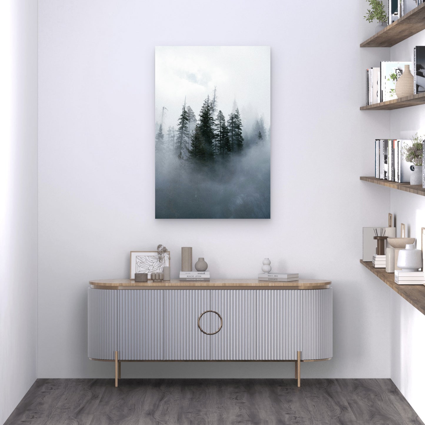 Misty Evergreen Woods 60x90cm Metal Print Ready to Hang