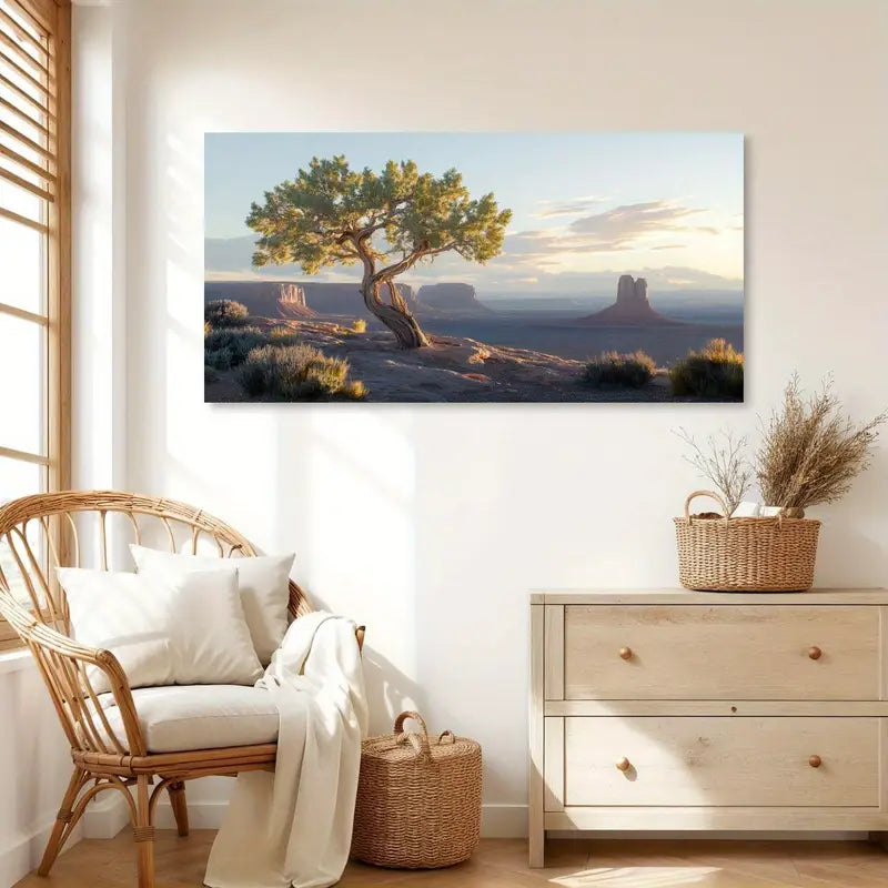 Dawn Desert Tree & Distant Rock Formations Wall Art canvas office home room framed 120x60cm - Bella Home Decor