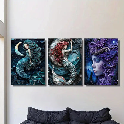 3pcs Enchanting Mermaid & Forest Goddess Metal Print Ready to Hang Art