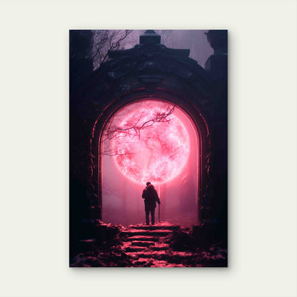 A Lone Figure Standing Before An Ancient Dark Stone Archway 60x90cm Metal Print Ready to Hang
