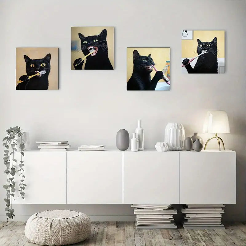 4pcs Charming Black Cat Brushing Teet Wall Art Canvas Framed