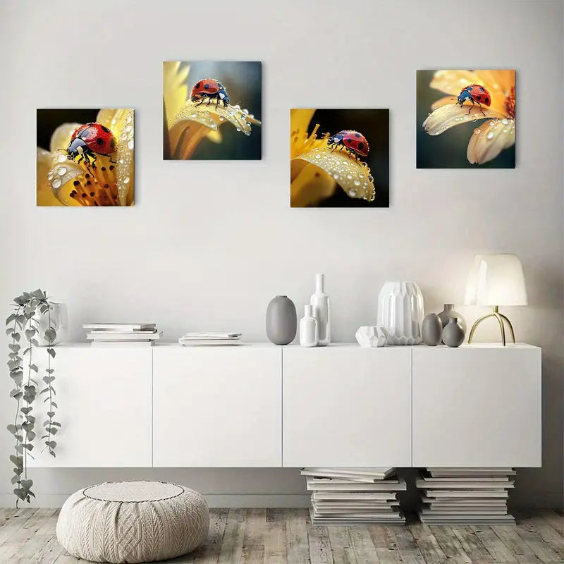 4pcs Ladybug & Floral Canvas Print Wall Art Canvas Framed