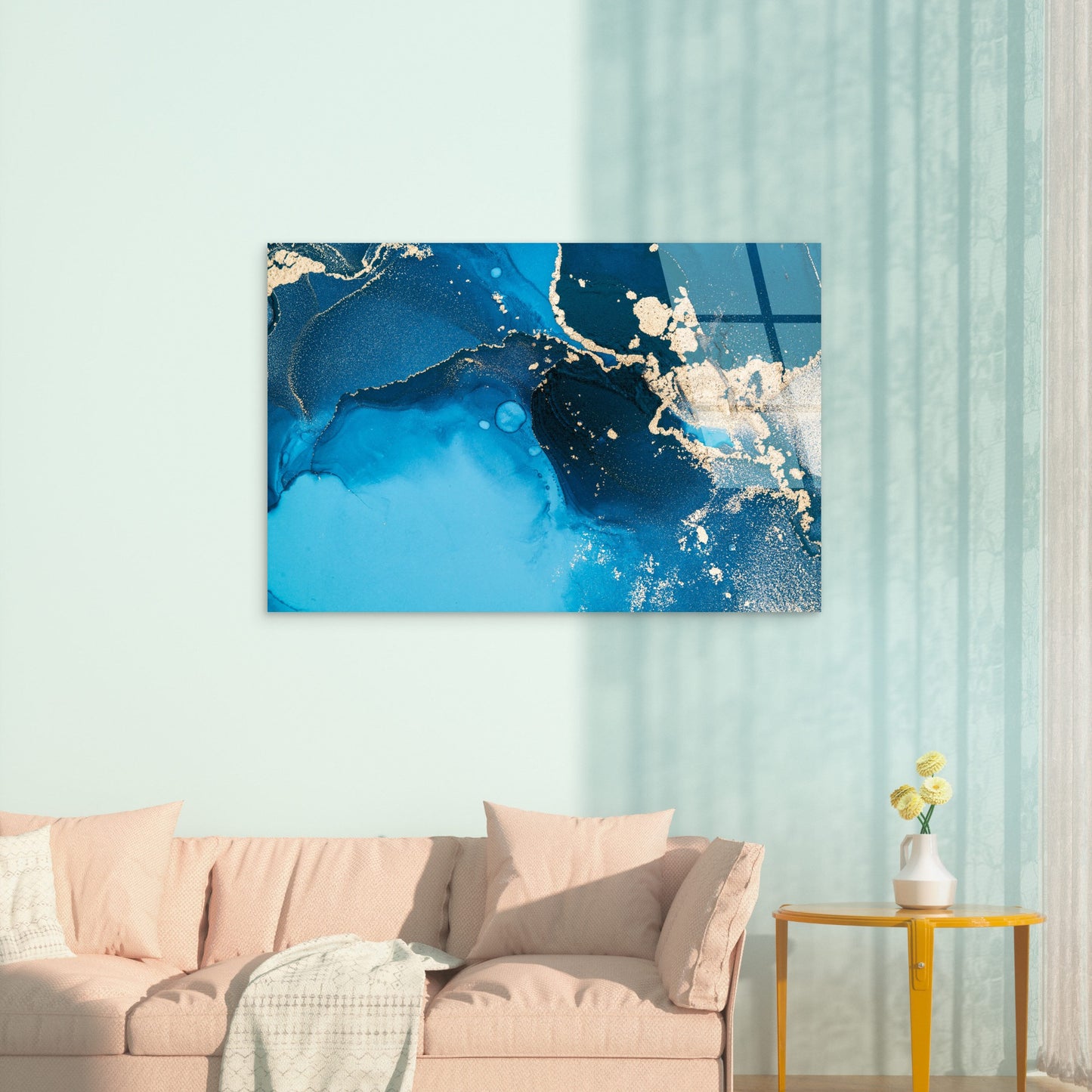Abstract Ocean Blue And Gold Fluid Ink Art Acrylic Glass Printing Wall Art Australian Made Quality