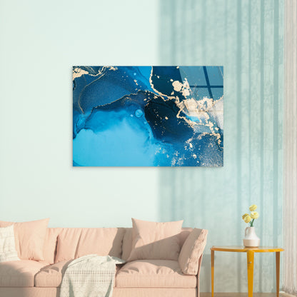 Abstract Ocean Blue And Gold Fluid Ink Art Acrylic Glass Printing Wall Art Australian Made Quality