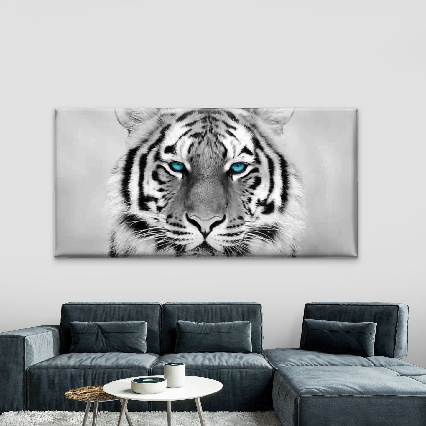 White Tiger Blue Eyes Wall Art Canvas Office Home Room Framed 120x60cm