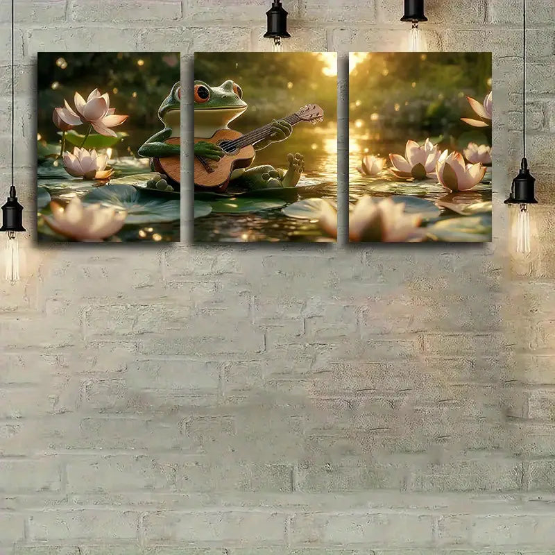 3pcs Charming Frog Guitarist Canvas Metal Print Ready to Hang Art - Bella Home Decor