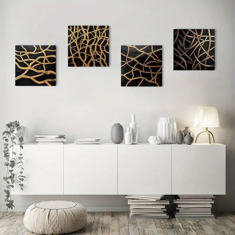 4pcs Abstract Black And Golden Lines Wall Art Canvas Framed