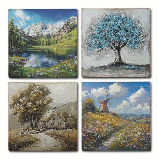 4pcs Blue Sky And Summer Weather,River Wall Art Canvas Framed