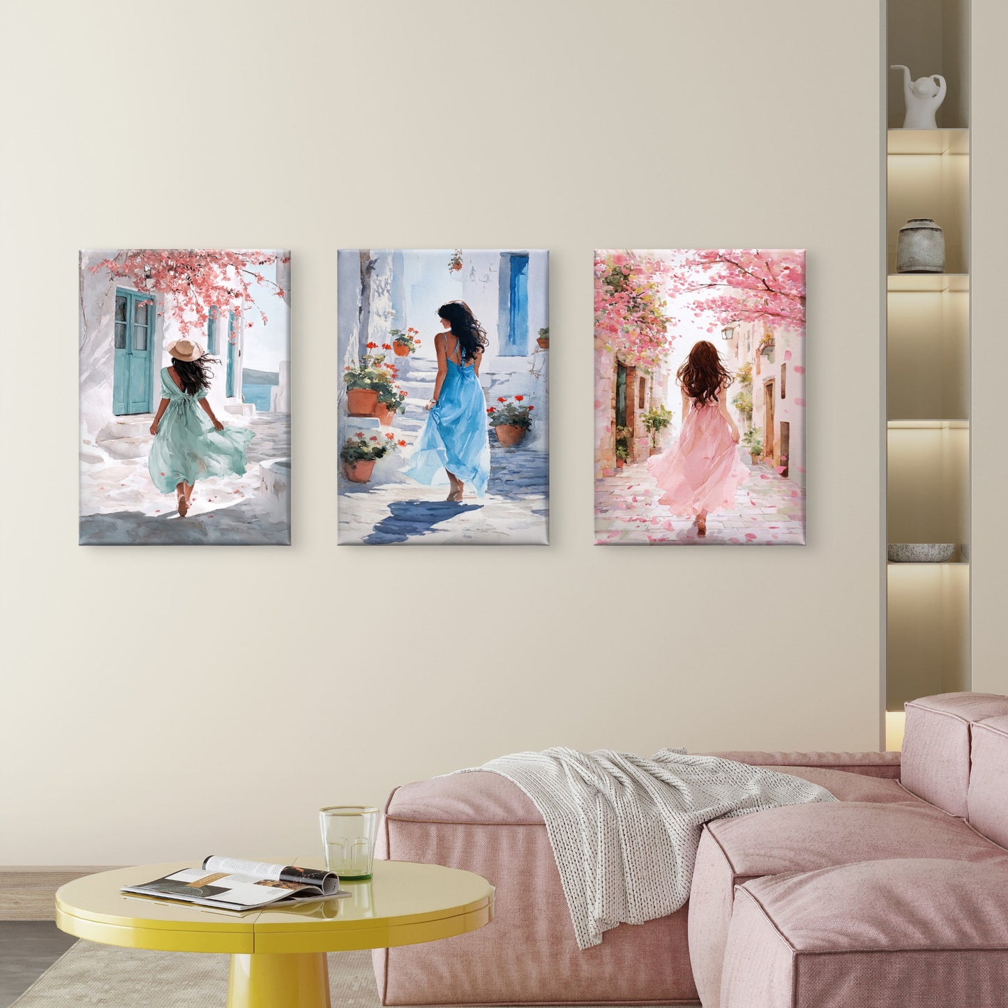 3pcs Mediterranean Woman Street Painting  Wall Art Set Canvas Framed 50x70cm - High Quality Print 100% Australian Made Wall Canvas Ready to Hang