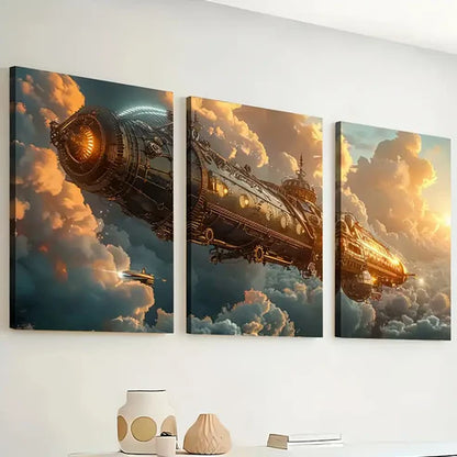 3pcs Steam Mechanical Flying Machine Abstract Art Flying Ship Wall Art Set Canvas Unframed - High Quality Print 100% Australian Made Wall Canvas